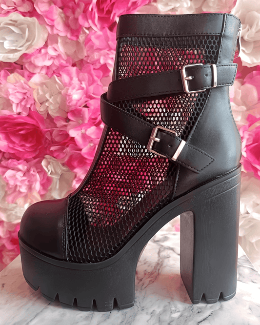 Black Platform Boots with Mesh Design and Buckles Xenia boots Suranska Shop 